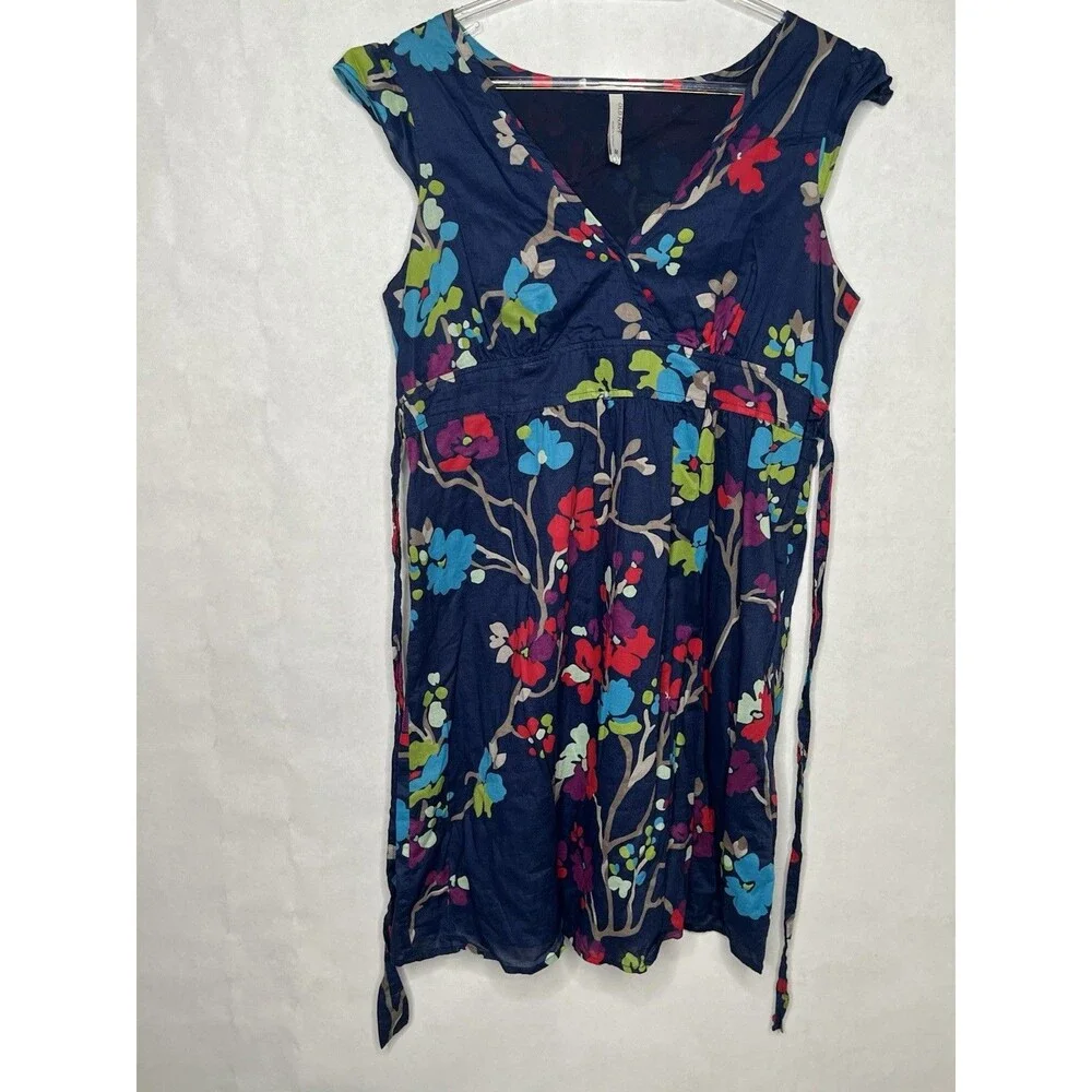 Old Navy Dress Women Size Medium Blue Multi Floral 100% Cotton Belt Pockets Airy